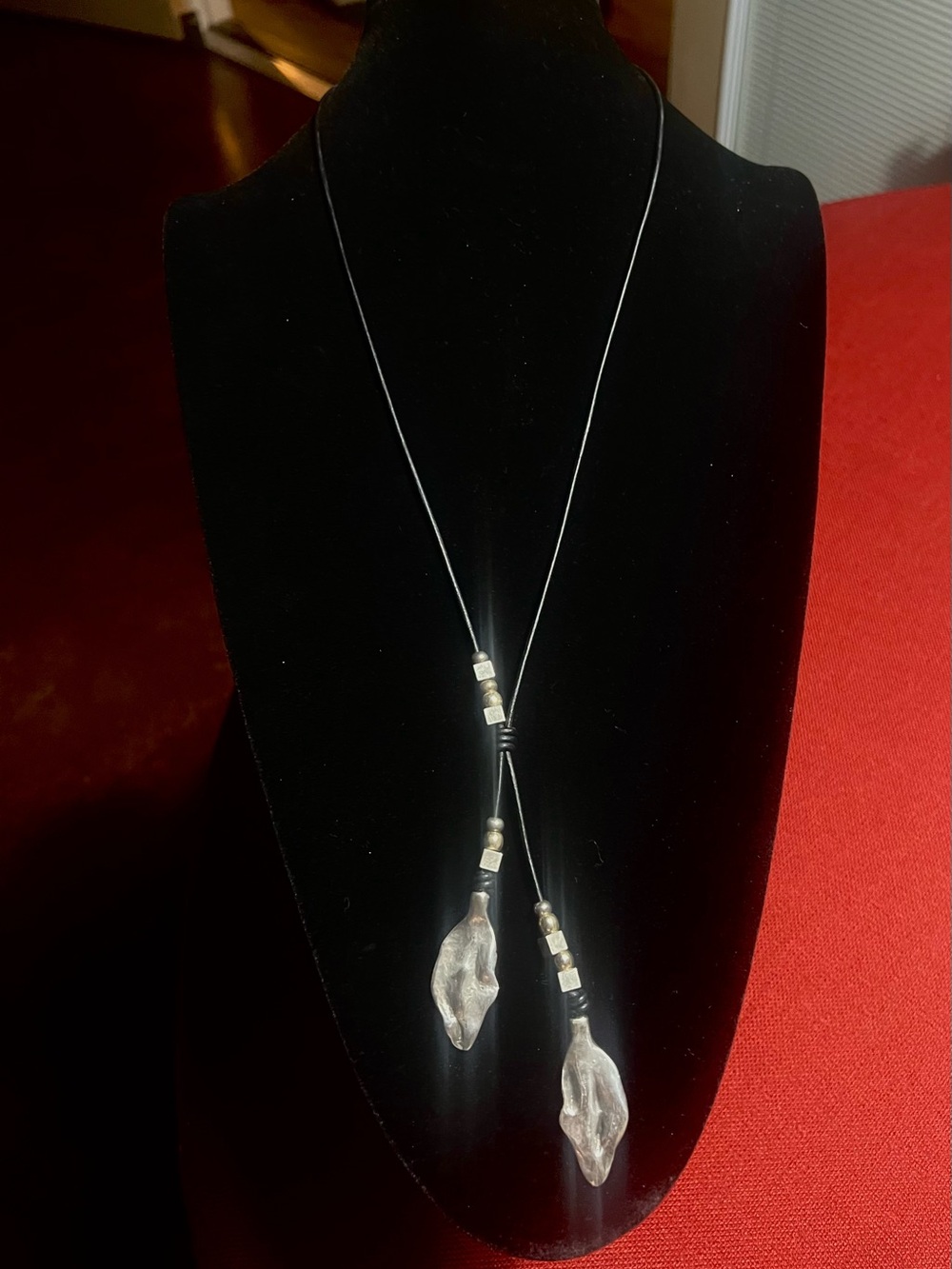 Black Cord Necklace with Silver Leaf Drops